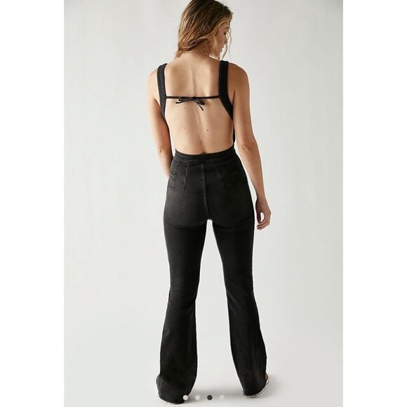NWT Free People CRVY 2nd Ave One Piece Denim Flare Jumpsuit in Black Panther 0 - Picture 4 of 15